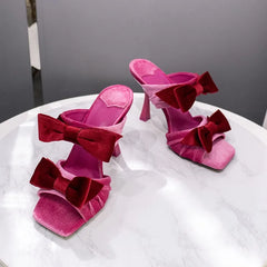 Soufree  -  New Square Toe Sandals Sexy Pink Velvet Bow Stiletto Heels Temperament Open-Toed Slippers Women