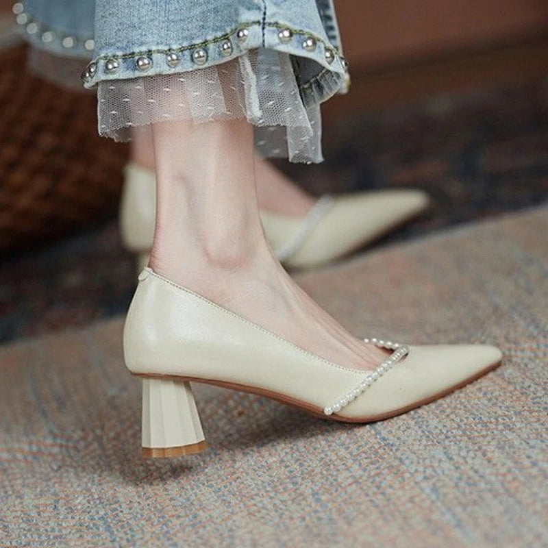 Soufree  -  Gothic Normal Leather Casual Japanese Style Lolita Pointed Toe Shoes for Women Mary Jane Pearl Ladies Summer Footwear E Y2k