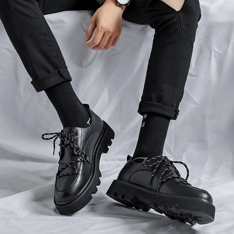 Soufree  -  Men's Japan Karajuku Korean Style Fashion Streetwear Thick Platform Casual Black Leather Shoes Lace Up Dress Leather Shoes