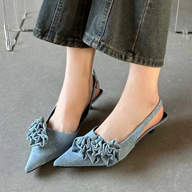 Soufree  -  Women Pumps Fashion Flower Pointed Toe Buckle Strap Ladies Slingback Sandals Low Thin Heels Mules Shoes Zapatos De Mujer