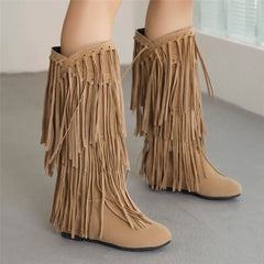 Soufree  -  Fashion Ethnic Woman Bohemian Flock Tassle Hidden Moccasin Mid-Calf Boots Fringe Female Slip On Shoes Autumn Winter New