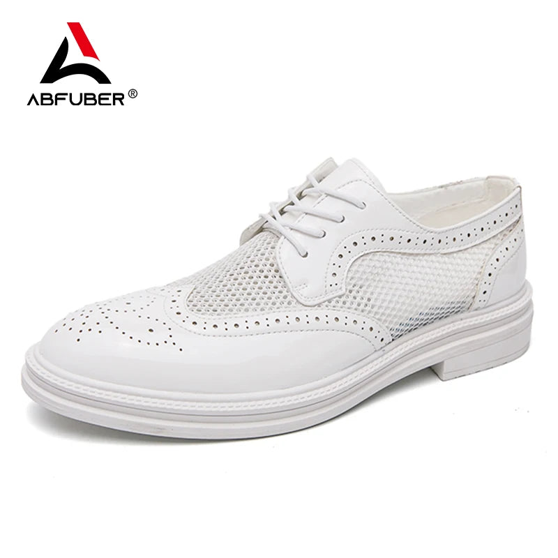 Soufree  -  Fashion Derby Leather Men Shoes Summer Breathable White Brogue Lace Up Solid Dress Shoes Business Casual Party Wedding Shoes Men