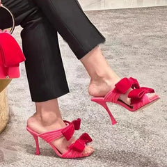 Soufree  -  New Square Toe Sandals Sexy Pink Velvet Bow Stiletto Heels Temperament Open-Toed Slippers Women