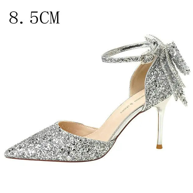 Soufree  - 8.5cm Wedding High Heels Bling Sequined Stiletto Heel Work Pumps Back Bowknot Pointed Toe Party Women's Shoes