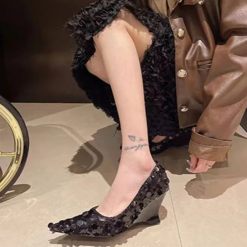 Soufree  -  Autumn New Slope Heel Single Shoes for Women Fashion Pointe Shallow Mouth Sequin Slip-on Comfortable High Heel Low Top Shoes