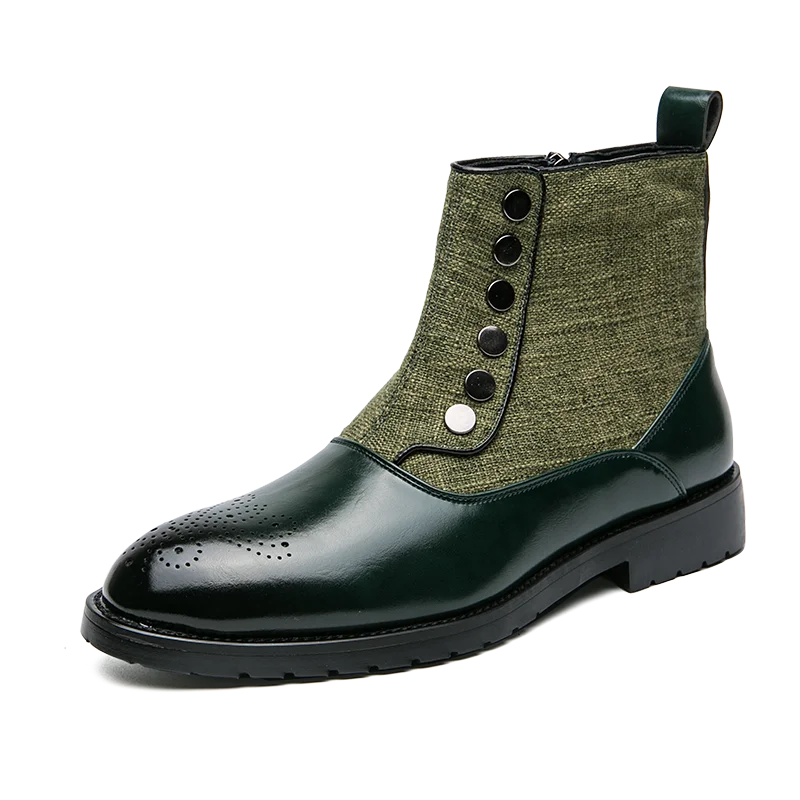 Soufree  -  Leather Boots Wedding Shoes for Men Green Button Metal Man Chelsea Boots Business Leather Pointed Ankle Boots Men Botas Chelsea