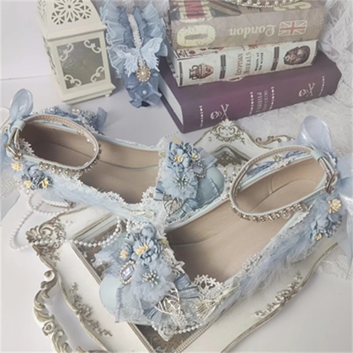 Soufree  -  Sweet Lolita Retro Court Style Cosplay Cute Loli Flower Wedding Girls Gem Flower Ribbon Plush Bow 6-8 Cm High Heel Shoes