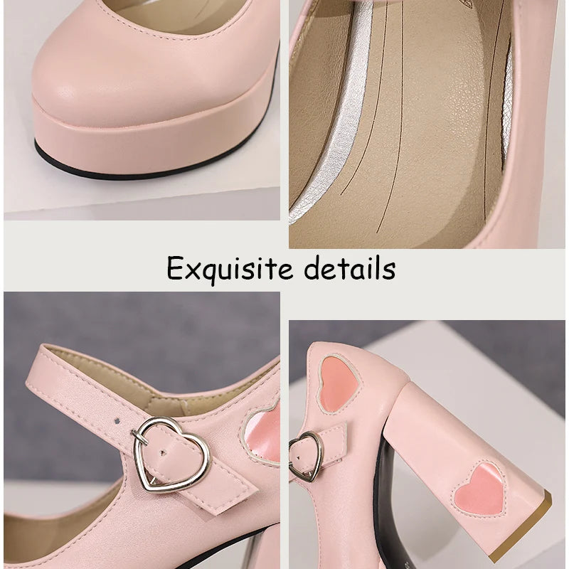 Soufree  -  Sexy Heart Shaped Women Super High Heels Pumps Spring Autumn Round Toe Platform Buckle Strap Shallow Mary Jane Shoes White Pink