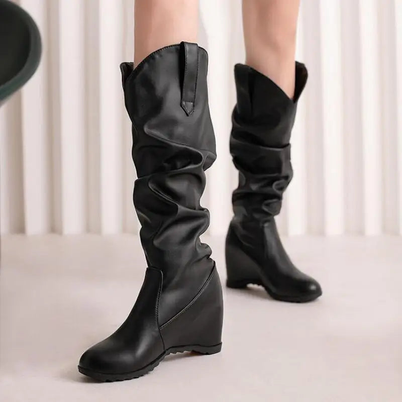 Soufree  -  Winter Wedge 8cm High Heel Large Size Long Boots Women Inner Height Increasing Heel Black White Knee Boots