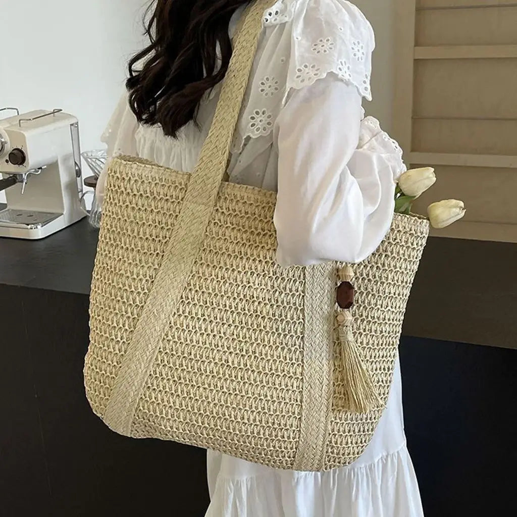 Soufree  -  Straw Woven Shoulder Bags for Women Summer Beach Handbag with Tassel Female Fashion Handbag in Khaki Beige