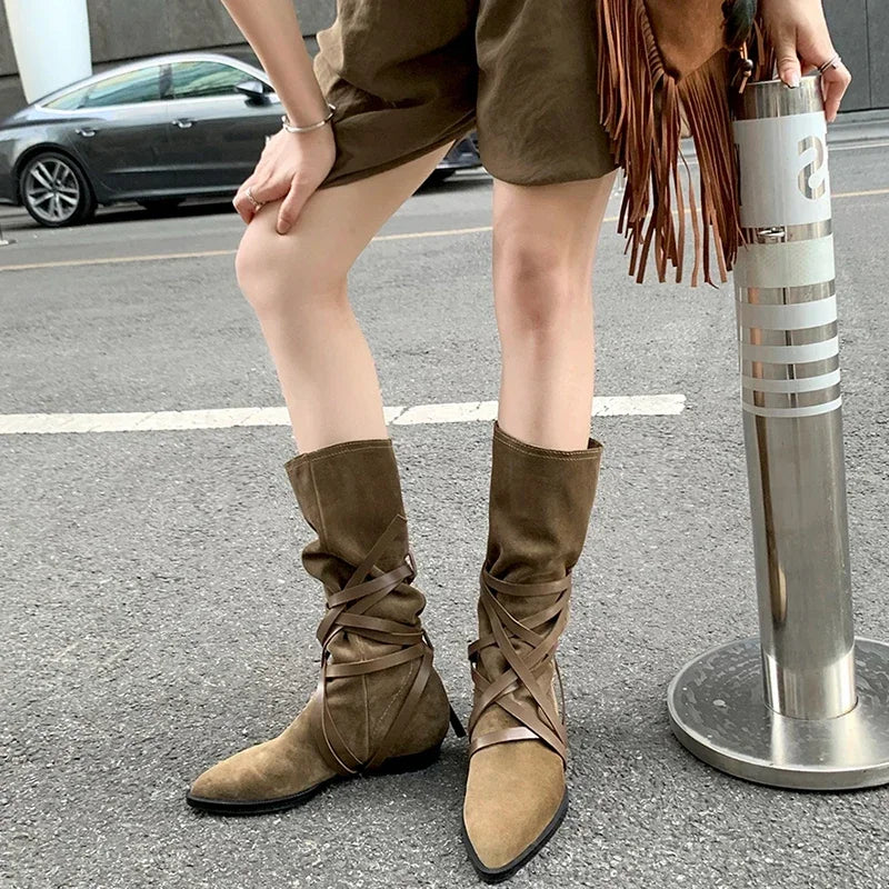 Soufree  -  Spring Autumn Women Suede Long Boots Fashion Cross Strap Western Knight Booties Pointed Toe Female Shoes