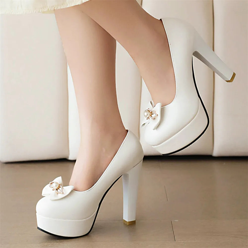 Soufree  -  Spring Elegant Woman Pumps White Pink Black Wedding Party Dress Shoes Platform Female High Heels Bow Ladies Size 34-43